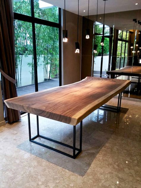 3 Meter Suar Table with Black Powder-coated Steel frame legs Large Wooden Table, Dome Ceiling Light, Set Meja Makan, Dome Ceiling, Slab Table, Solid Wood Table, Steel Table, Dining Table Design, Solid Wood Dining Table