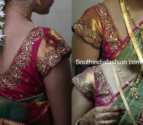 Short sleeves kundan zardosi work maggam blouse for wedding silk sarees. Related PostsMaggam Work Blouse DesignsMaggam Work Silk Saree Blouse Designs by SoucikaZardosi Work BlouseSumalatha in Black Kanjeevaram Saree Short Sleeve Blouse Design, Zardosi Blouse, Zardosi Work Blouse, Blouse For Wedding, Simple Blouses, Maggam Blouse, Zardosi Work, Wedding Saree Blouse Designs, Traditional Blouse Designs