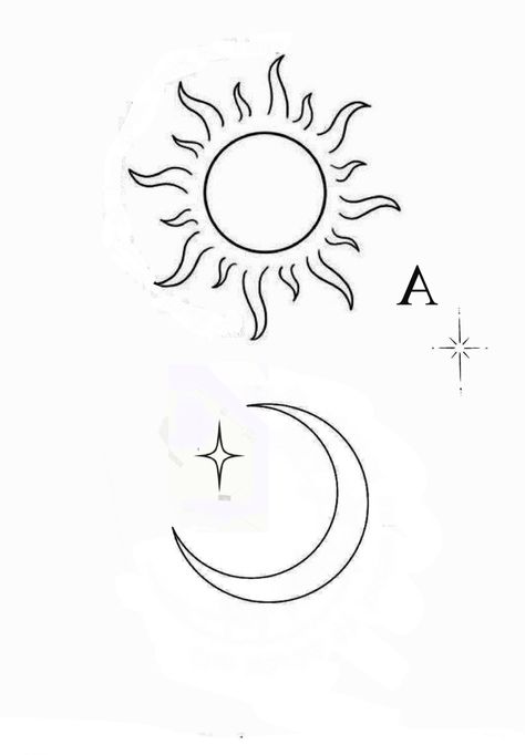 Sun And Moon Outline Tattoo, Simple Sun Tattoo Outline, Moon Tattoo Template, Sun And Moon Fine Line, Simple Moon Drawing, Sun And Moon Outline, Simple Sun And Moon Tattoo, Tattoos Pequeños, Sun Outline