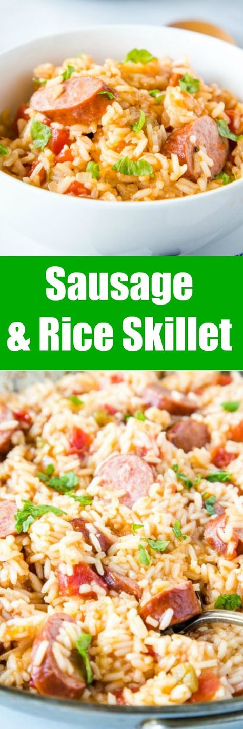 Sausage and Rice Skillet - smoked sausage and rice come together in one pan for a delicious and easy dinner.  Ready in just minutes, so perfect for busy weeknight dinners. Sausage Rice Skillet, Smoked Sausage And Rice, Sausage And Rice Skillet, Sausage And Rice, Sausage Rice, Rice Skillet, Rice Side Dishes, Photo Food, How To Cook Rice