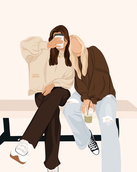 nikki! | custom illustrator ˚ ༘♡ ⋆｡˚ (@madeby.nikki) • Instagram photos and videos Blonde And Brown Best Friends Aesthetic, Blonde And Brunette Best Friends Cartoon, Best Friend Illustration, Blonde And Brunette Best Friends, Besties Pictures, Sisters Drawing, Best Friend Wallpaper, Best Friend Drawings, Best Friends Cartoon