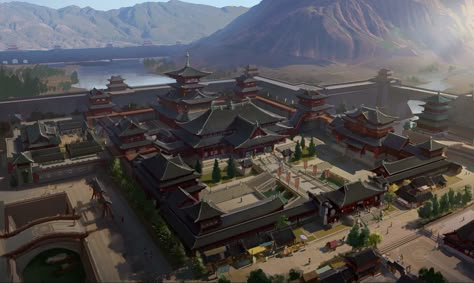 ArtStation - Kaifengfu, Dawn Pu Japanese Palace, Ancient Chinese Architecture, Chinese City, Fantasy Cities, Fantasy Locations, Japanese Castle, Castle Tower, Asian Architecture, Castle Art