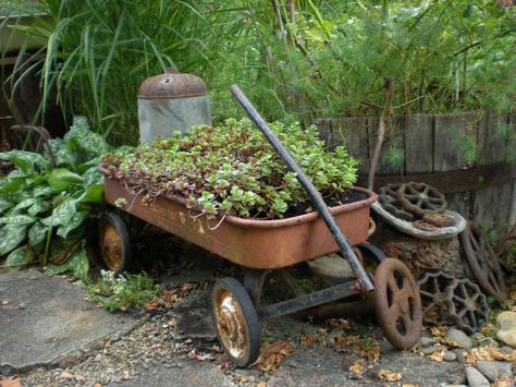 Ideas Para Decorar Jardines, Wagon Planter, Plants And Gardening, Garden Wagon, Rusty Garden, Flea Market Gardening, Vintage Gardening, Garden Junk, Vintage Garden Decor