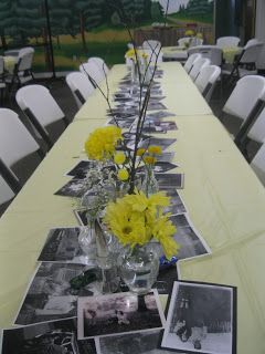 Perfect, except not black and white and I would love to be able to have people sign the table. Family Reunion Decorations, Reunion Centerpieces, High School Class Reunion, Class Reunion Decorations, Cheer Banquet, Reunion Decorations, Graduation Party High, Banquet Decorations, 50th Anniversary Party