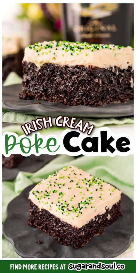 Irish Cream Poke Cake, Irish Cream Chocolate Cake, Easy Irish Desserts, Irish Cream Desserts, Baileys Irish Cream Cake, Irish Dessert Recipes, Baileys Irish Cream Recipes, Cream Chocolate Cake, Irish Cream Cake