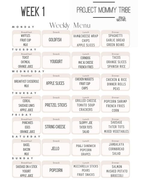 4-week Menu: Breakfast, Snack, Lunch, and Dinner ideas for your family. Weekly Lunch Menu For Kids, Kids Meal Plans Weekly, Weekly Meal Plan Breakfast Lunch Dinner, Weekly Lunch Menu Ideas, Week Menu Ideas Families, Meal Planning Breakfast Ideas, Breakfast Lunch And Dinner Meal Plan, Family Menu Ideas, Weekly Dinner Menu Ideas