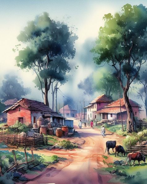 Reference picture for watercolour painting #reference #painting #art #artist #artgallery #artwork Watercolor Village Painting, Natural Scenery Watercolor, Watercolor Painting Composition, Landscape Drawings Watercolour, Landscape Paintings Poster Colour, Village Scene Drawing Paintings, Composition Painting Watercolour, Water Colours Painting Landscape, Village Composition Painting