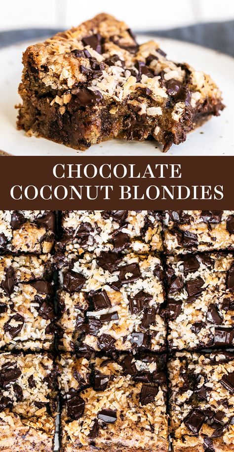 Coconut Blondies, Gingerbread Donuts, Coconut Brownies, Easy Dessert Bars, Easy Bar Recipes, Easy Bar, Chocolate Chip Blondies, Coconut Desserts, Blondies Recipe