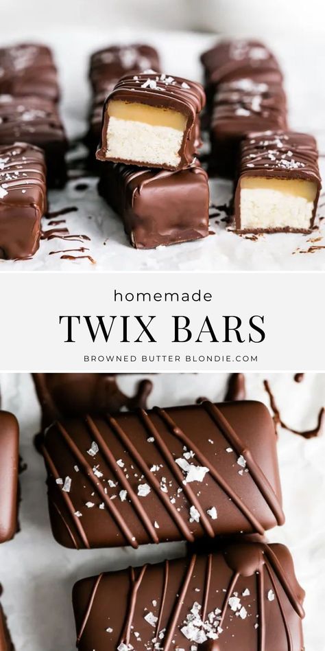 You haven’t lived until you’ve sunk your teeth into one of these dangerously delicious bite size Twix bars. Made with layers of crispy, buttery shortbread, creamy homemade caramel and rich, dark chocolate. Skip the store-bought stuff – these copycat Twix bars are simply irresistible! Twix Inspired Desserts, Home Made Twix Bars, Homemade Chocolate Caramels, Candy Bar Copycat, Twix Bar Recipe, Homemade Twix Bites, Chocolate Candy Bar Recipes, Copycat Candy Bar Recipes, Twix Bars Candy