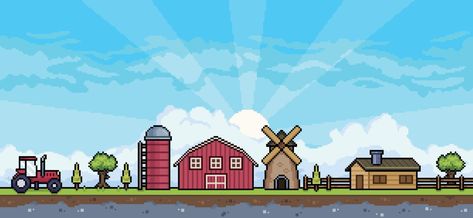 Farm Pixel Art, Pixel Background, Tractor Barn, Mill House, 8 Bits, Farm Scene, Landscape Background, House Landscape, Art Illustration