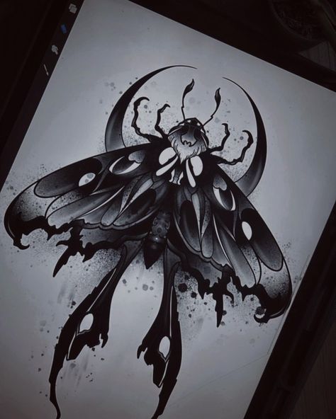 Moth Back Piece, Creepy Moth Drawing, Dark Luna Moth Tattoo, Goth Bug Tattoo, Moth And Moon Tattoo Design, Dark Moth Tattoo Design, Deathhawk Moth Tattoo, Scary Moth Tattoo, Black Work Moth Tattoo