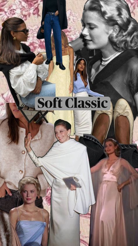 Soft Classic: This type combines the balanced, symmetrical look of Classic with soft, romantic touches. We could focus on flowing fabrics, gentle lines, and feminine details. Classic Kibbe Body Type, Kibbe Soft Classic, Soft Classic Kibbe, Classic Kibbe, Kibbe Romantic, Classic Haircut, Soft Autumn, Soft Classic, Old Money