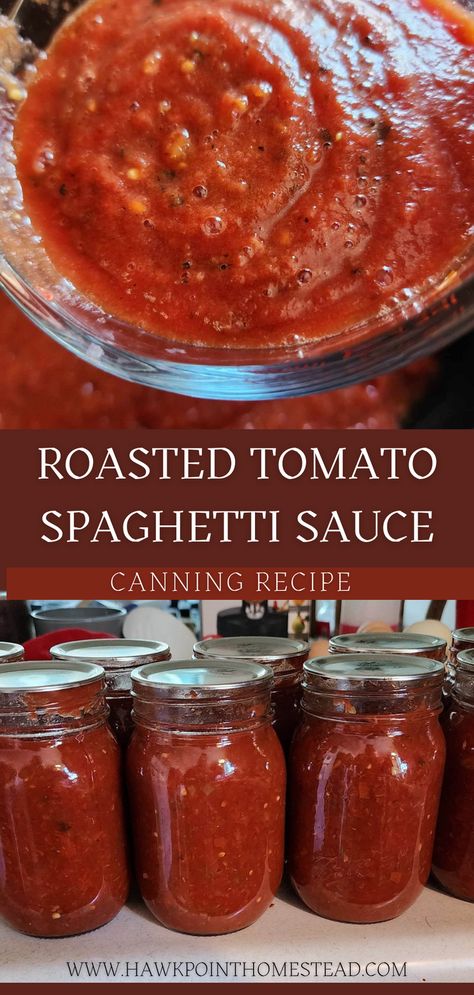 This homemade roasted tomato spaghetti sauce canning recipe is so delicious and a great recipe to make flavorful sauce that can be ready on your shelves for any pasta dish! You’ll love the rich, savory sauce made from simple ingredients. It is so rewarding to make your own delicious spaghetti sauce from your fresh homegrown tomatoes! Roasted Tomato Spaghetti Sauce, Spaghetti Sauce Canning Recipe, Roasted Tomato Spaghetti, Spaghetti Sauce Canning, Canning Homemade Spaghetti Sauce, Canned Tomato Recipes, Tomato Canning, Tomato Spaghetti, Canning Tomatoes Recipes