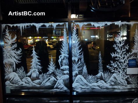 Winter landscape window art by ArtistBC.com Painted Window Art, Christmas Window Painting, Window Mural, Wood Yard Art, Christmas Window Display, Winter Window, Christmas Window Decorations, Christmas D, Christmas Window