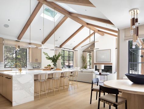 Kitchen With Vaulted Ceiling And Beams, Vaulted Ceiling Beams, Brooke Wagner Design, Apartment Ideas Aesthetic, Brooke Wagner, Vaulted Ceiling Living Room, Michigan Lake, Dream Kitchens Design, Open Concept Floor Plans