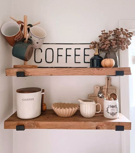 coffee bar essentials Make Your Own Coffee, Coffee Bar Station, Coffee Bar Ideas, Farmhouse Coffee Bar, Diy Coffee Bar, Coffee Bar Design, Home Coffee Stations, Coffee Bars In Kitchen, Fall Kitchen Decor