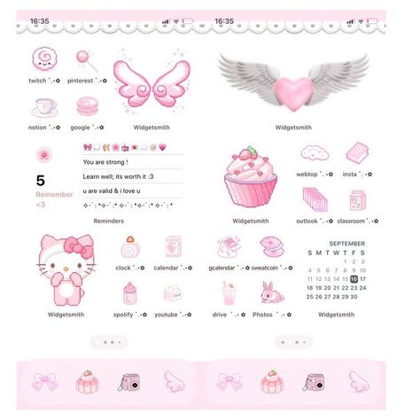 Sanrio Ios 16 Layout, Hello Kitty Ios Homescreen, Hello Kitty Ipad Homescreen, Pink Iphone Layout Aesthetic, Hello Kitty Ipad Layout, Phone Themes Hello Kitty, Hello Kitty Layout Iphone, Ios 16 Home Screen Ideas Hello Kitty, Iphone Inspo Home Screen Ios 16