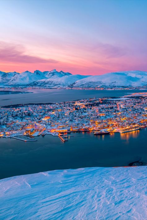 Pink sunset over a snowy and frosty Tromsø Tromso Norway Aesthetic, Oslo Norway Aesthetic Winter, Tromso Aesthetic, Tromsø Aesthetic, Tromso Norway Winter, Norway Tromso, Norway Aesthetic, Tromsø Norway, Norway Winter