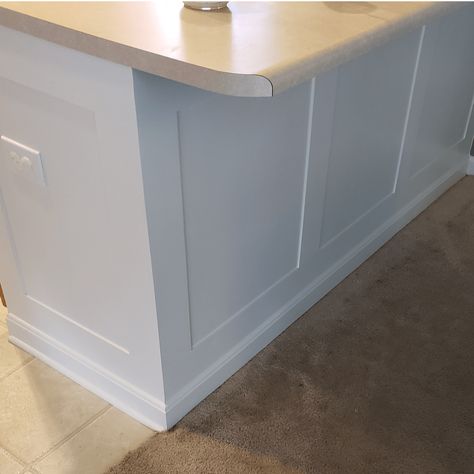 Easy & Inexpensive Kitchen Island Makeover - Path to Me Kitchen Island Skirting, Waynes Coating On Kitchen Island, Wainscoting On Island, Bead Board On Island, Wainscoting On Kitchen Island, Island Trim Molding, Kitchen Island With Raised Ledge, Upgrade Island In Kitchen, Shiplap Kitchen Island Ideas