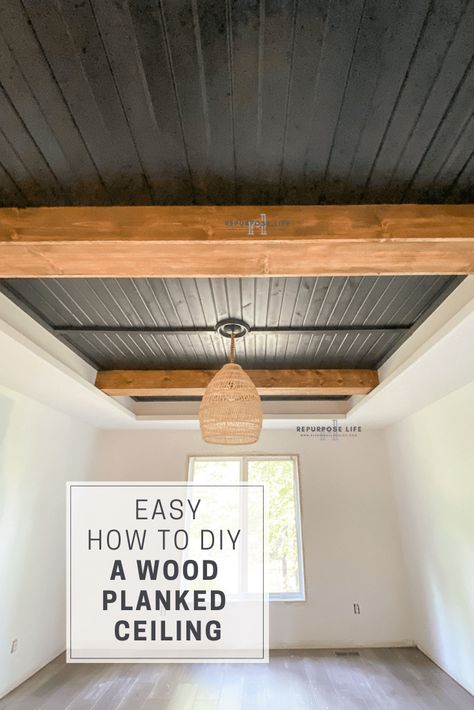 Cover up a popcorn ceiling or update a tray ceiling with a wood planked ceiling. An easy DIY tutorial on how to easily install shiplap (carsiding) to spice up any ceiling in your home. Wood Paneling Ceiling Makeover, Installing Wood Ceiling, Wood Ceilings Diy, Wood Ceiling Makeover, Planked Wood Ceiling, Diy Panel Ceiling, Diy Ceilings Cheap Ideas, Diy Popcorn Ceiling Cover Up, Dark Plank Ceiling