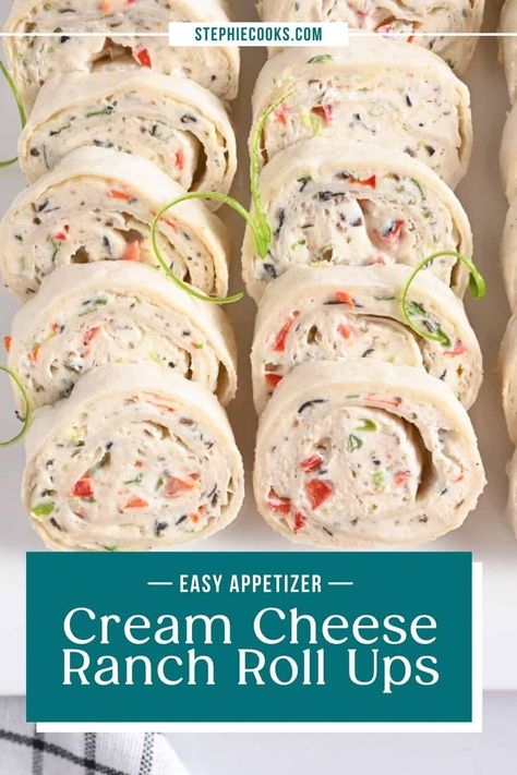 Cream cheese ranch roll ups are the easiest and most popular appetizer you could ever make. Rich cream cheese, ranch dressing mix and veggies all rolled into tortillas – these cream cheese roll ups will disappear in a flash at any party! Ranch Roll Ups, Cream Cheese Roll Ups, Cheese Roll Ups, Cream Cheese Roll Up, Pinwheel Appetizers, Cheese Roll, Cream Cheese Rolls, Roll Ups Recipes, Popular Appetizers