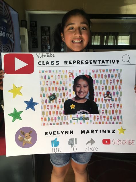 YouTube inspired Class Representative poster. 4th Grade Student Council Posters, Class Representative Posters Ideas, Poster Student Council, Students Council, Leadership Poster, Student Council Campaign Posters, Student Council Campaign, Posters Ideas, Student Leadership