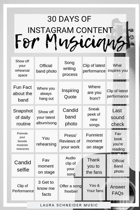 30 Days of Instagram Content for Musicians! Always know what to post on social media with this grid template. Specially made with musicians in mind.  Music // Musicians // Instagram // Indie Musicians // DIY Music // Music Marketing Content Calendar For Musicians, Content Ideas For Music Artists, Band Promotion Ideas, Music Marketing Ideas, Content Ideas For Musicians, Musician Social Media Content, Social Media For Musicians, Musician Social Media, Music Business Management