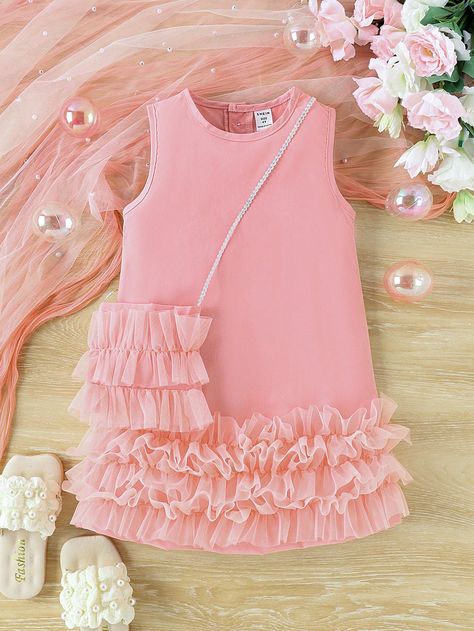 Pink Cute Collar   Colorblock,Plain Tank Embellished Non-Stretch  Young Girls Clothing Pink Net Dress, African Dresses For Kids, African Fashion Skirts, Kids Dress Patterns, Kids Dress Wear, Baby Dress Design, Summer Elegant, Kids Fashion Dress