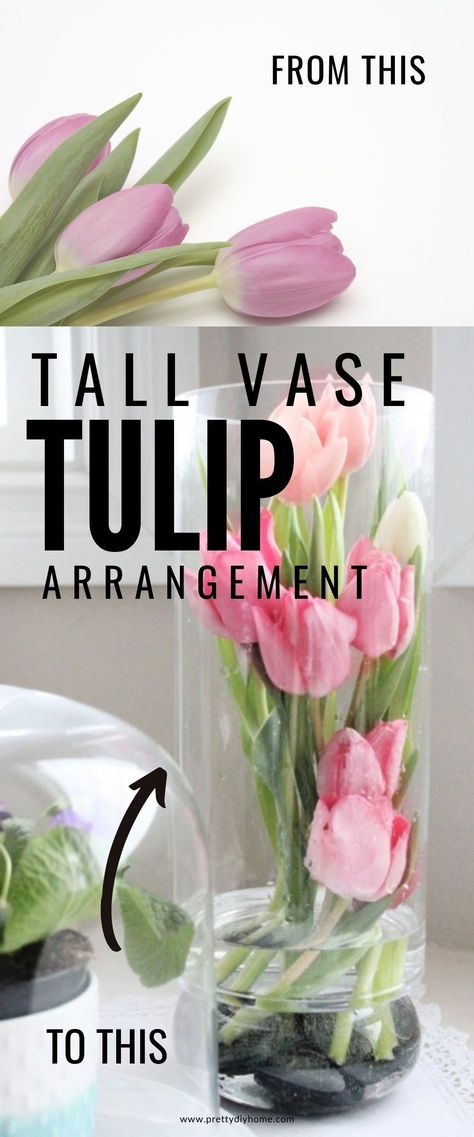 Tulip Arrangement Ideas, Easy Flower Arrangements Diy, Drooping Flowers, Tulip Arrangements, Vase Filler Ideas, Tulip Arrangement, Spring Diy Projects, Tulip Centerpiece, Vase Making