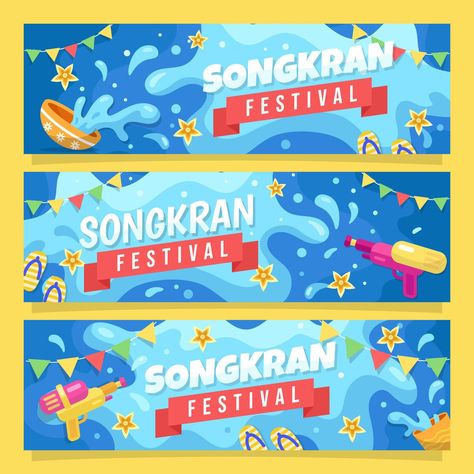 Happy Songkran Festival Banner Collection Festival Banner, Ad Layout, Graphic Shapes Design, Songkran Festival, Old Paper Background, Desain Buklet, Canvas Learning, Collage Art Projects, Desain Signage