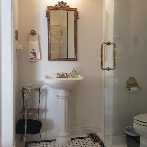 Small but beautiful with marble floors, marble shower and pedestal sink. Vintage Pedestal Sink Bathroom, Tiny Pedestal Sink, Vintage Pedestal Sink, Pedestal Sink Powder Room, Pedestal Sink Bathroom, The Garden Room, Above Sink, Small Bathroom With Shower, Marble Floors