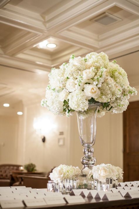 Glass Vase With Hydrangeas and Roses All White Flower Arrangements Wedding, White And Gold Flower Arrangements, Church Wedding Decorations Rustic, Rose And Hydrangea Centerpiece, Tall Flower Arrangements, White Wedding Centerpieces, Classic White Wedding, Peony Bouquet Wedding, Table Arrangements Wedding