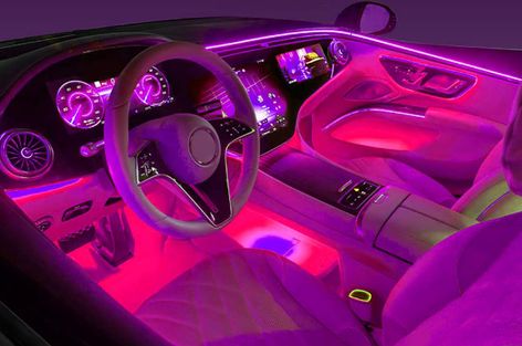 Pink Led Lights Car, Pink Led Car Interior, Pink And Purple Car Interior, Car Led Lights Interiors Pink, Inside Car Led Lights, Led Inside Car, Led Light Car Interior, Interior Pink Car, Pink Camaro Interior