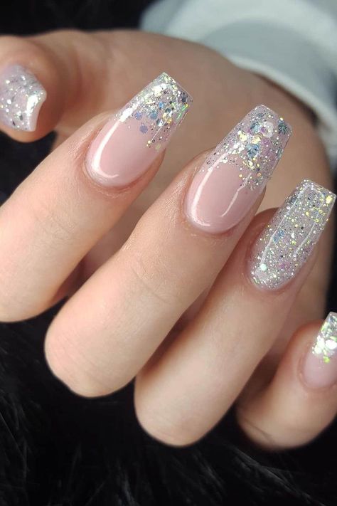 Sparkly Ombre Nails, Glitter Nails Ideas, Birthday Nail Designs, Silver Nail Designs, Silver Glitter Nails, Ombre Nails Glitter, Coffin Shape Nails, Sparkle Nails, Nail Designs Glitter