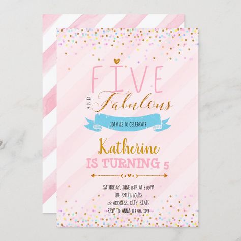 Five and fabulous birthday invitation Five And Fabulous Birthday, Five And Fabulous, Princess Birthday Invitations, Golden Birthday, Fabulous Birthday, Princess Theme, Colored Envelopes, Invitation Sizes, Birthday Invite