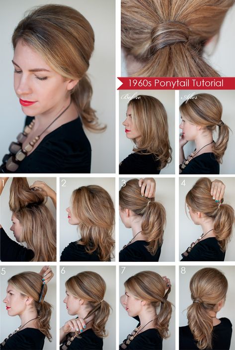 This easy ponytail hairstyle is influenced by the loose hairstyles. The 1960s shape is created by teasing at the crown and keeping the ponytail low and a little messy. Diy Ponytail Hairstyles, Diy Ponytail, Ponytail Hairstyles Tutorial, Ponytail Tutorial, Easy Updo, Ponytail Hairstyles Easy, Hair Romance, Messy Ponytail, Easy Hairstyles For Medium Hair