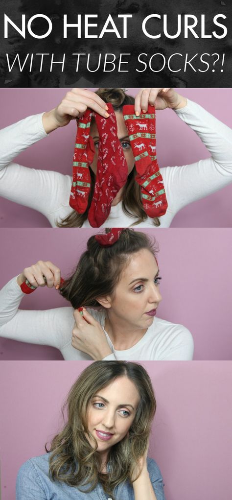 Genius and easy way to get loose, voluminous curls! No heat curls with tube socks! This worked in only 5 hours for me! Curling Hair With Socks Short Hair, Using Socks To Curl Hair, Curling Hair With Socks, Easy Overnight Curls, No Heat Curls Overnight, Heat Free Curls, Hair Wellness, No Heat Curls, Sock Curls