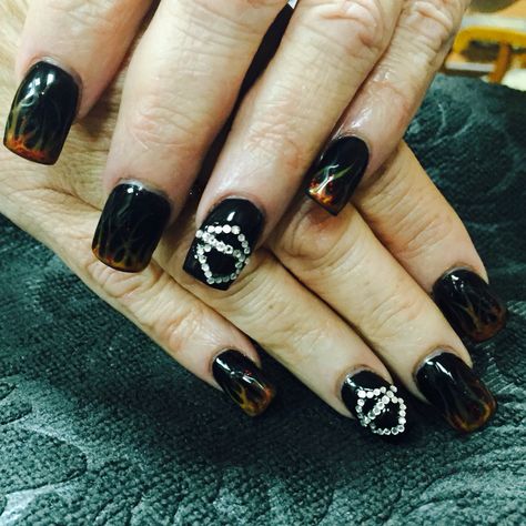 Bike Week Nail Designs, Biker Nails Designs Harley Davidson, Harley Davidson Nails Ideas, Bike Week Nails, Harley Davidson Nails Design, Sturgis Nails, Orange Flame Nails, Biker Nails Designs, Motorcycle Nails