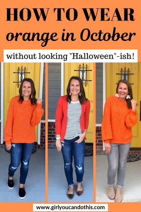 New Blog Post: Three ways to wear orange without looking "Halloween"-ish! Orange Cardigan Outfit, Orange Sweater Outfit, Orange Shirt Outfit, Cardigan Fall Outfit, Burnt Orange Top, Tops Fall Outfits, Sweater Outfits Fall, Orange Cardigan, Orange Pants