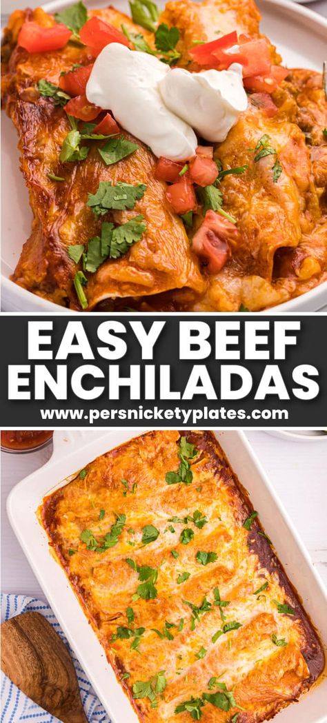 This easy Ground Beef Enchiladas recipe starts with tortillas that are filled with a seasoned ground sirloin mixture, topped with a flavorful enchilada sauce, sprinkled with shredded colby jack, and baked until cheesy and gooey. Ground Sirloin Recipes Dinners, Ground Sirloin Recipes, Easy Ground Beef Enchiladas, Enchiladas Beef, Food Preps, Beef Enchiladas Recipe, Homemade Enchilada Sauce Recipe, Sirloin Recipes, Persnickety Plates