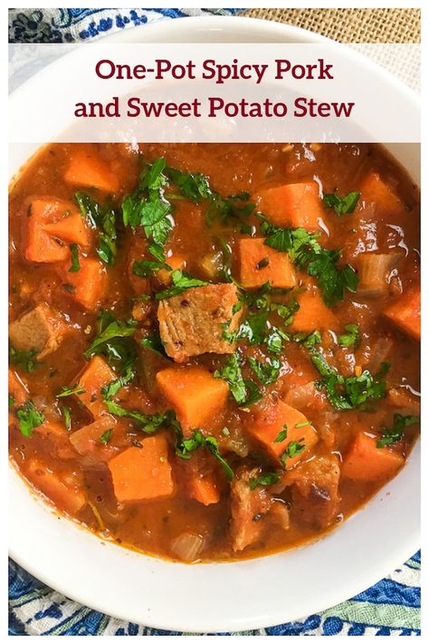 One-Pot Spicy Pork and Sweet Potato Stew Recipe - From Val's Kitchen Sweet Potato Pork, Stew With Sweet Potatoes, Sweet Potato Stew, Spinach Benefits, Potato Stew, Pork Stew, Stewed Potatoes, Spicy Pork, Stew Recipe