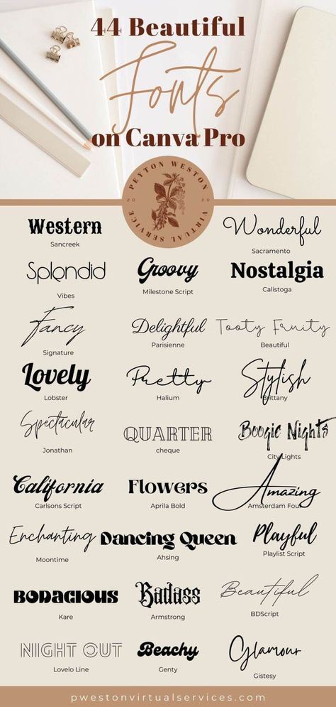 Looking for the best Canva fonts for your business marketing designs? Look no further! This post has 30 of the best fonts for creating stunning marketing materials on Canva. #Canva #Marketing Insta Algorithm, Kombinasi Font, Font Canva Lettering, Typography Logo Fonts, Business Marketing Design, Canva Font, Business Fonts, Instagram Font, Canva Fonts