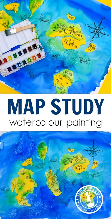 Map Unit Study: When learning about maps with kids, make your own map, using a simple watercolour painting technique! #homeschool #grade1 #kidspainting #artsandcrafts #teaching Map Art Projects For Kids, Map Projects For Kids, Map Making For Kids, Map Art Ideas, Map Activities For Kids, Simple Watercolour Painting, Map Art Projects, Canadian Geography, Learn Geography