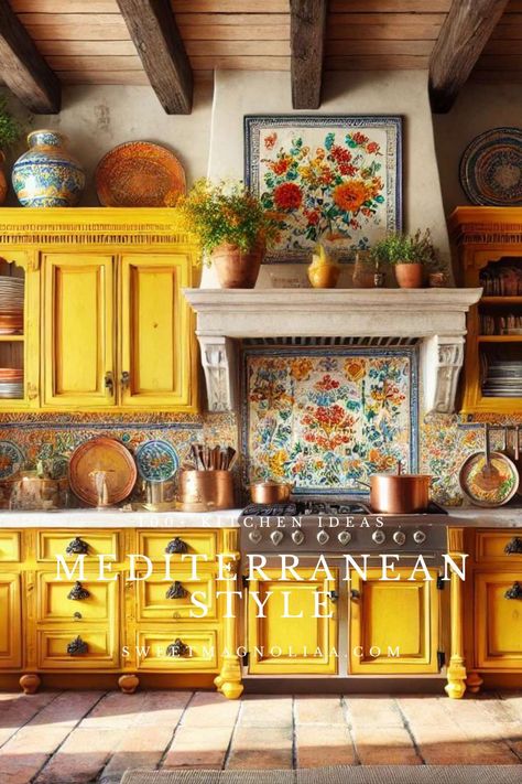 Looking to create a Mediterranean style kitchen? Get inspired with over 100 design ideas and tips in this video for the perfect Mediterranean kitchen! Italian Kitchen Backsplash Ideas, Vintage Spanish Kitchen, Lebanese Kitchen Design, Sicilian Kitchen Design, Mediterranean Decor Ideas, Mediterranean Interior Design Ideas, Mediterranean Conservatory, Italian Style Interior Design, Italian Kitchen Aesthetic