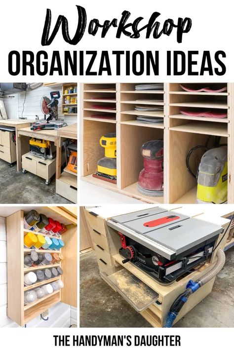 Workshop Organization Ideas, Basement Workshop, Garage Workshop Organization, Workshop Layout, Woodworking Tools Storage, Woodshop Organization, Woodworking Shop Plans, Table Saw Accessories, Diy Garage Storage