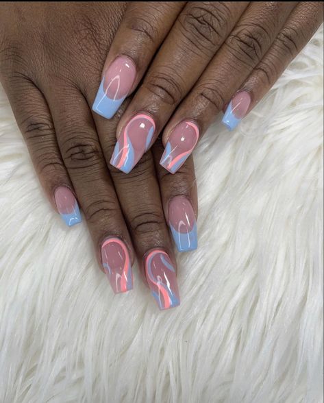 Blue And Pink Christmas Nails, Light Blue And Light Pink Nails, Light Blue Formal Nails, Light Pink And Light Blue Nails, Light Blue French Tip Nails Coffin, Blue French Tips With Design, Pink And Blue French Tip Nails, Baby Blue And Pink Nails, Blue French Tip Nails With Design