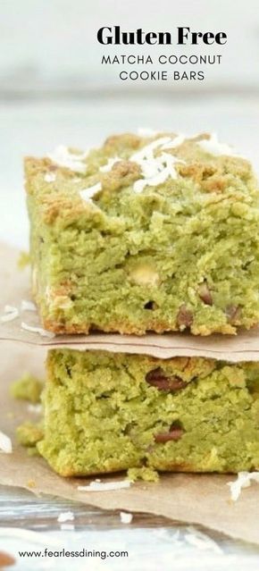 Gluten Free Matcha Green Tea Coconut Cookie Bars are a yummy treat. How to bake with matcha. Easy matcha dessert. Gluten free cookie bar recipe. Matcha green tea recipe. Recipe at www.fearlessdining.com #matcha #greentea #cookies #glutenfreecookies #coconut #pecan via @fearlessdining Coconut Cookie Bars, Gluten Free Cookie Bars, Coconut Cookie, Matcha Coconut, Matcha Green Tea Recipes, Matcha Dessert, Matcha Cookies, Green Tea Recipes, Coconut Bars