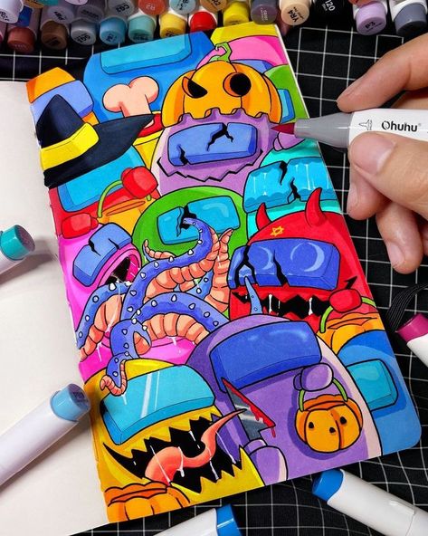 Front Cover Drawing Ideas, Zhc Art Drawing, Helloween Wallpaper, Art Markers Drawing, Doddle Art, Arte Doodle, Copic Marker Art, Disney Drawings Sketches, Draw Cartoon