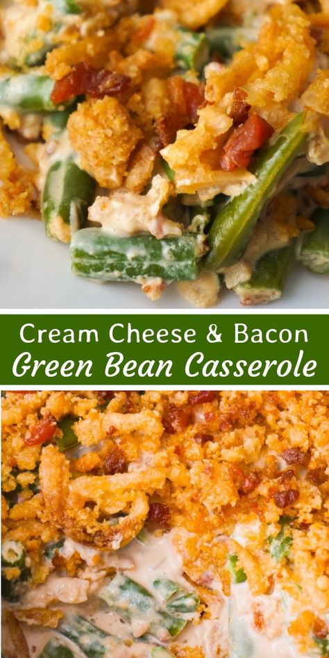 Cream Cheese and Bacon Green Bean Casserole is an easy side dish recipe perfect for Thanksgiving or Christmas. This creamy green bean casserole is loaded with real bacon bits and topped with Ritz Crackers and French's Fried Onions. Bacon Green Bean Casserole, Creamy Green Bean Casserole, Green Bean Casserole Bacon, Casserole With Cream Cheese, Thanksgiving Food Sides, Thanksgiving Recipes Side Dishes, Side Dish Recipes Easy, Thanksgiving Dishes, Green Bean Recipes