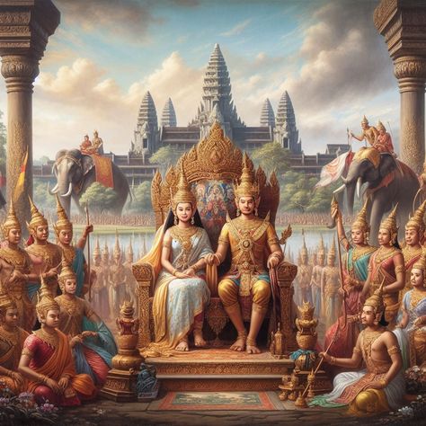 The King and Queen of the Angkorian Empire. Beautiful picture AI from : អាណាចក្រសម្រស់ [[ Beautiful Empire ]] 🇰🇭 Majapahit Empire, Apsara Khmer, Khmer Art, Khmer Culture, Cambodian Art, Khmer Empire, Angkor Wat Temple, Southeast Asian Arts, Temple Architecture